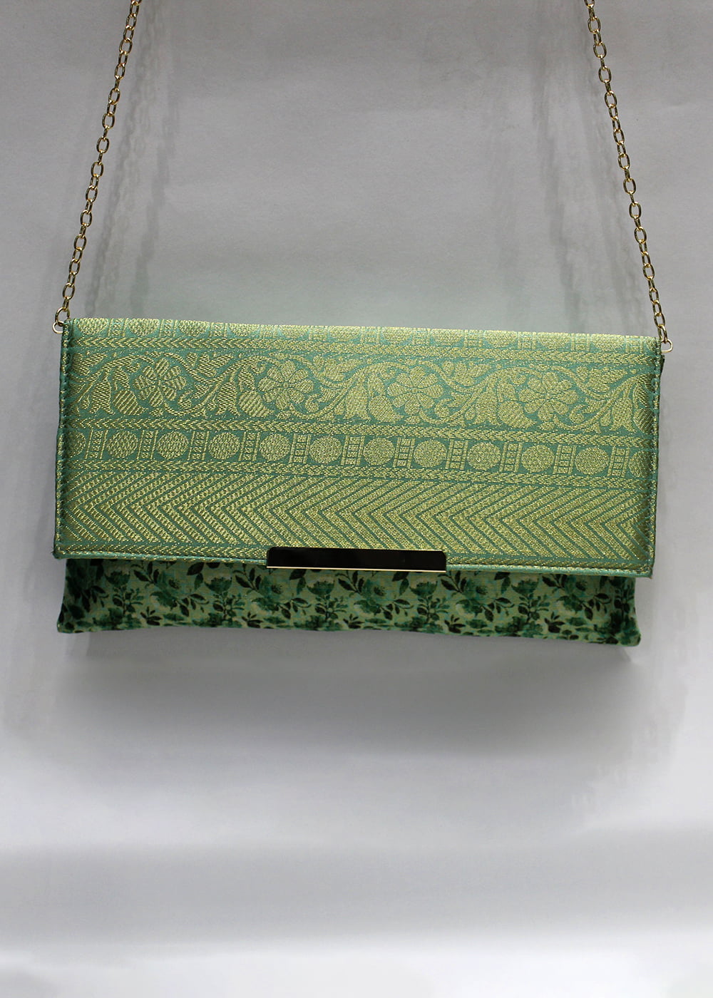 Emerald Green Zari Woven Art Silk Floral Printed Clutch with Golden Sling - Clutch D. No. 04 P1 Emerald Green Zoom Image