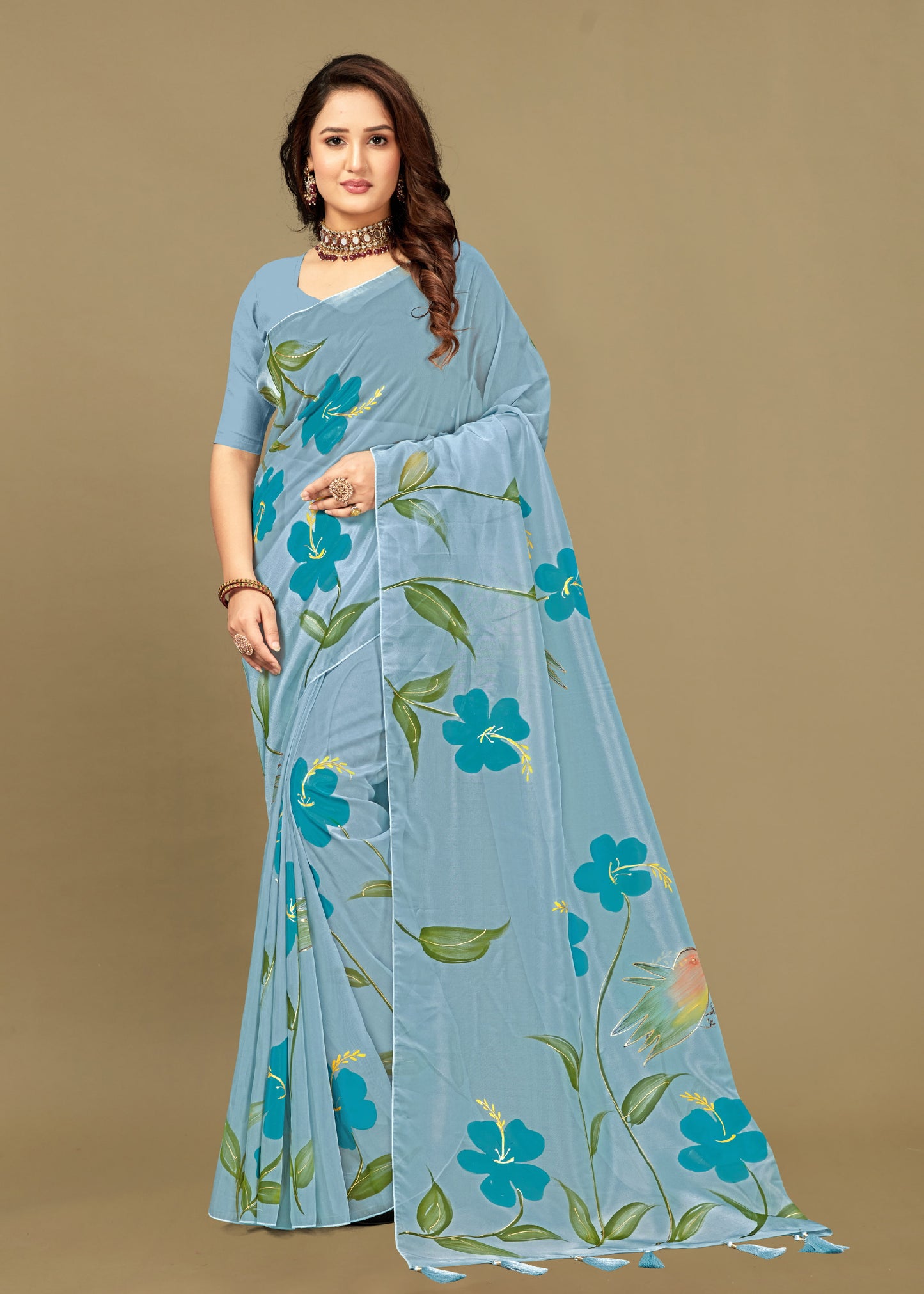 Ethereal Teal Blue Organza Saree Featuring Delicate Hand-Painted Blossoms, Subtle Foil Touches, and Soft Tassel - Butterfly Prints 8025 Teal Blue Front View