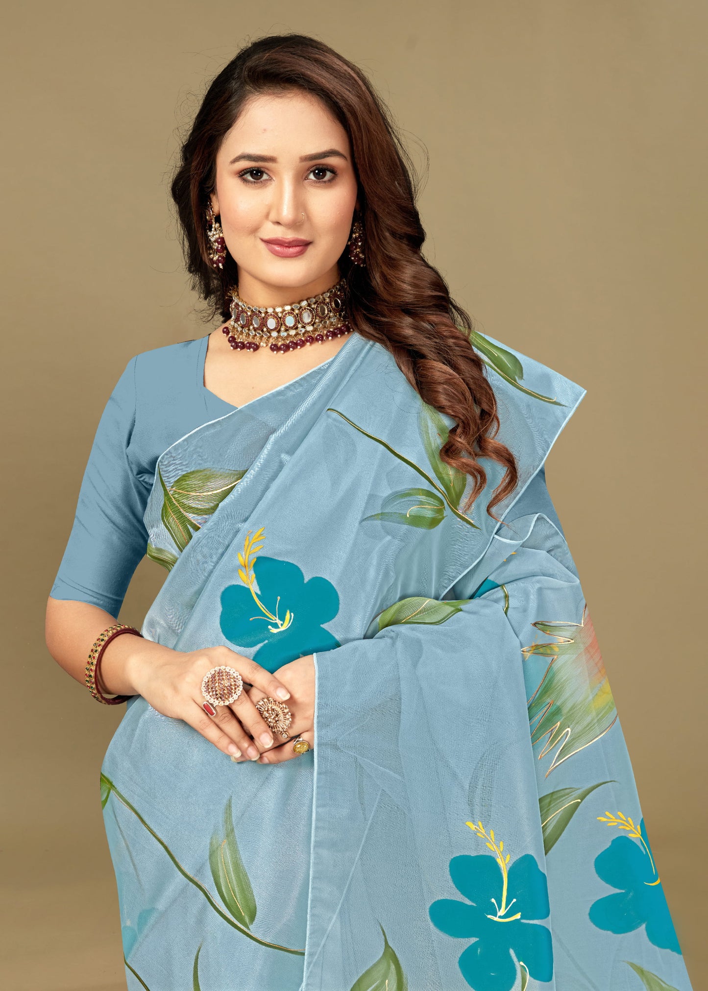 Ethereal Teal Blue Organza Saree Featuring Delicate Hand-Painted Blossoms, Subtle Foil Touches, and Soft Tassel - Butterfly Prints 8025 Teal Blue Full View