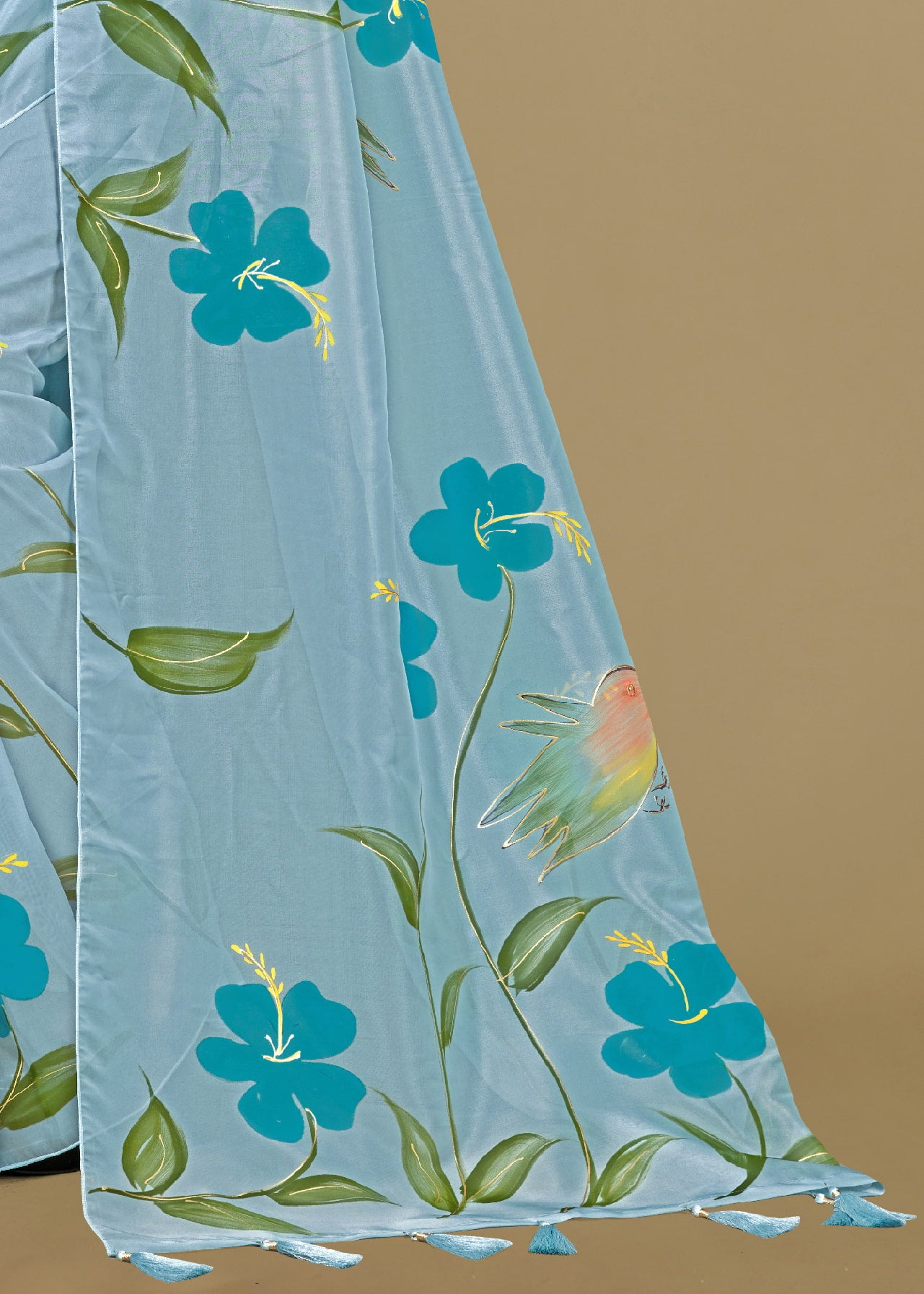 Ethereal Teal Blue Organza Saree Featuring Delicate Hand-Painted Blossoms, Subtle Foil Touches, and Soft Tassel - Butterfly Prints 8025 Teal Blue Pallu View