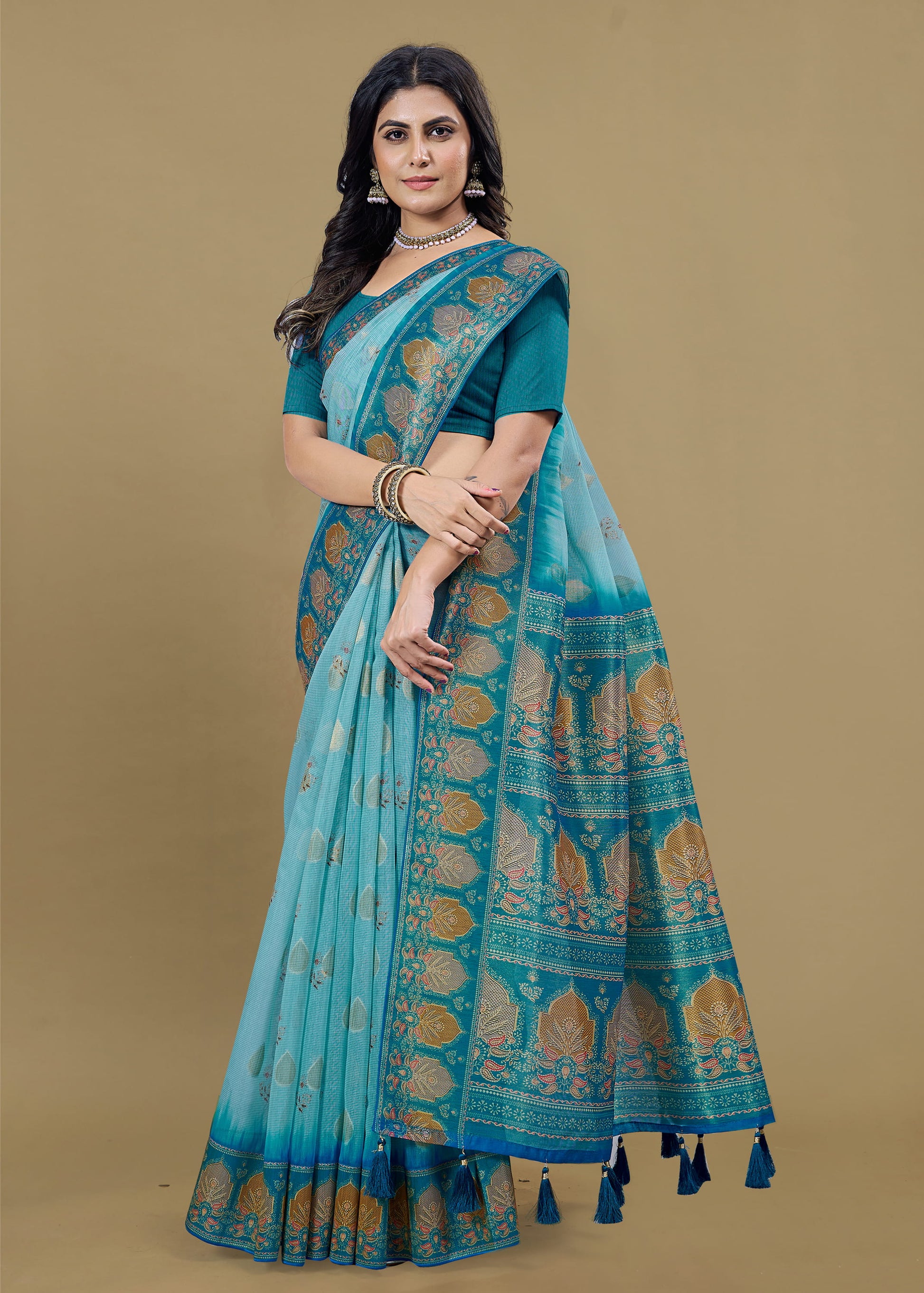 Ethnic Motif Sky Blue Saree with Digital Prints, Zari Woven Border, and Tassels - Jhumar Prints 95022 Sky Blue Image 1