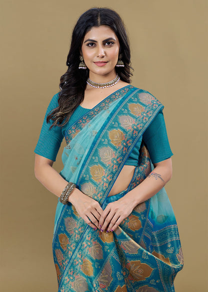 Ethnic Motif Sky Blue Saree with Digital Prints, Zari Woven Border, and Tassels - Jhumar Prints 95022 Sky Blue Image 2