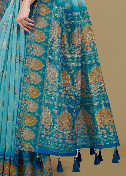 Ethnic Motif Sky Blue Saree with Digital Prints, Zari Woven Border, and Tassels - Jhumar Prints 95022 Sky Blue Image 4