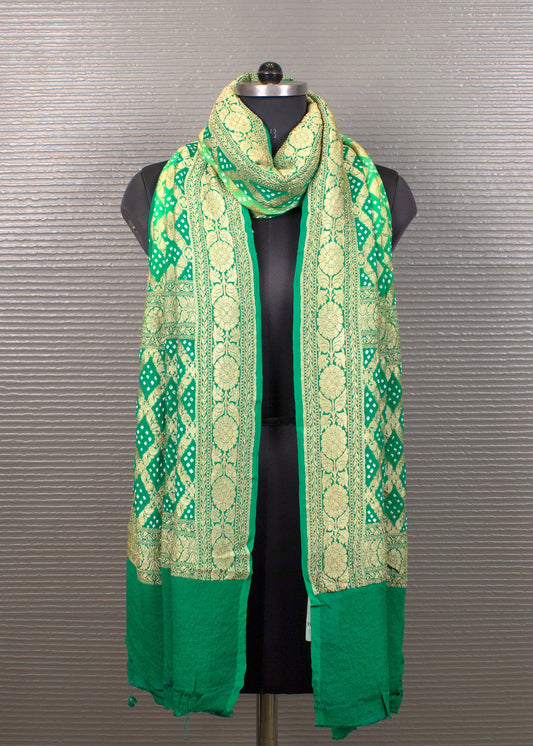 Exquisite Emerald Green Bandhej Georgette Dupatta with Intricate Handwoven Zari Border and Jaal Weaving - Handwoven 8710 Emerald Green Pose 1