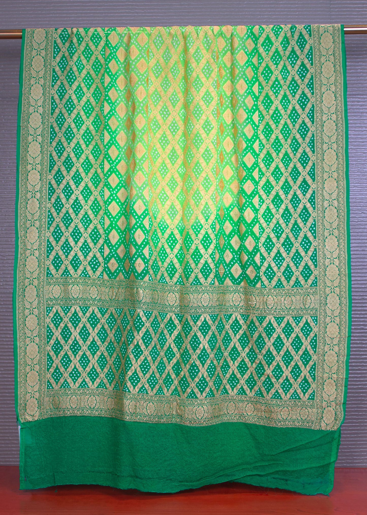 Exquisite Emerald Green Bandhej Georgette Dupatta with Intricate Handwoven Zari Border and Jaal Weaving - Handwoven 8710 Emerald Green Pose 2