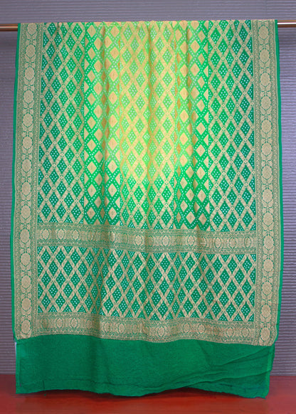 Exquisite Emerald Green Bandhej Georgette Dupatta with Intricate Handwoven Zari Border and Jaal Weaving - Handwoven 8710 Emerald Green Pose 2