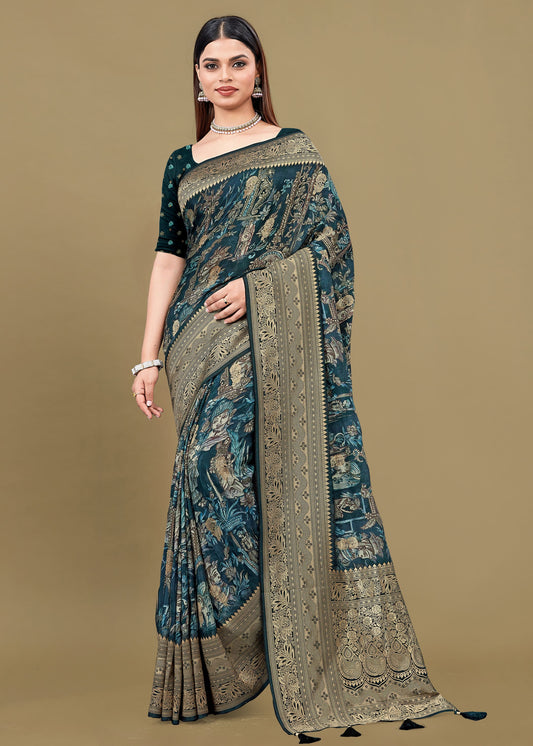 Exquisite Grey Green Satin Silk Saree with Traditional Ethnic Prints, Zari Woven Border and Butti - Fiesta Silk 70089 Grey Green Pose 1