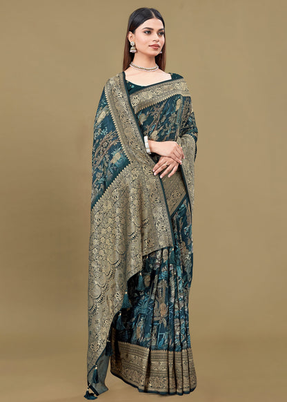 Exquisite Grey Green Satin Silk Saree with Traditional Ethnic Prints, Zari Woven Border and Butti - Fiesta Silk 70089 Grey Green Pose 2