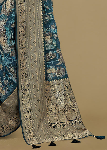 Exquisite Grey Green Satin Silk Saree with Traditional Ethnic Prints, Zari Woven Border and Butti - Fiesta Silk 70089 Grey Green Pose 3