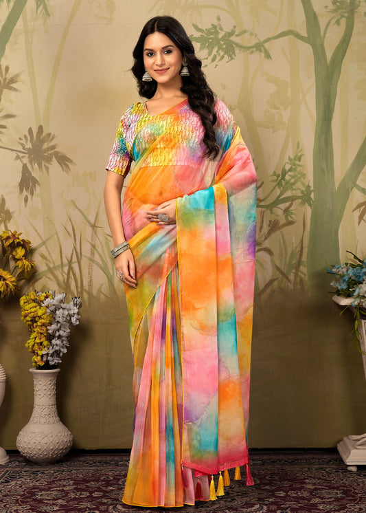 Fine Organza Saree in Multicolor Abstract Prints with Intricate Pitta Embroidery - Yamuna Prints 3229 Multicolor Pose 1