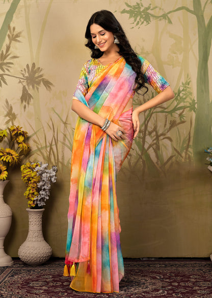 Fine Organza Saree in Multicolor Abstract Prints with Intricate Pitta Embroidery - Yamuna Prints 3229 Multicolor Pose 3