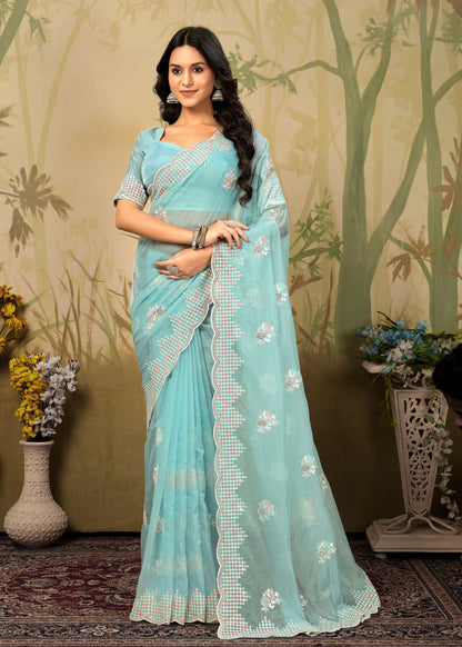 Fine Organza Saree in Soft Sky Blue with Intricate Embroidery and a Luxe Stone Cutwork Border - Gemini Silk 4420-B Soft Sky Blue Front Pose