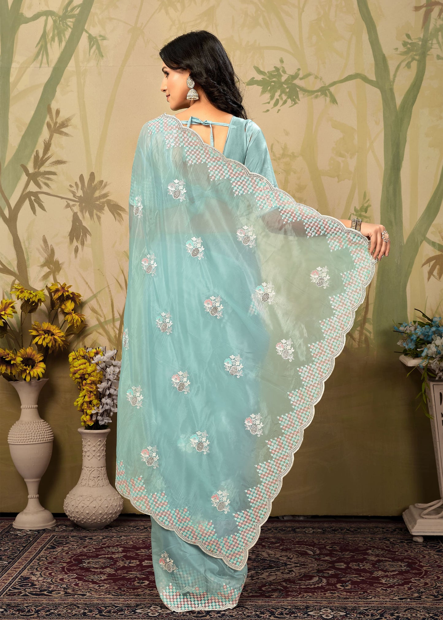 Fine Organza Saree in Soft Sky Blue with Intricate Embroidery and a Luxe Stone Cutwork Border - Gemini Silk 4420-B Soft Sky Blue Back Pose