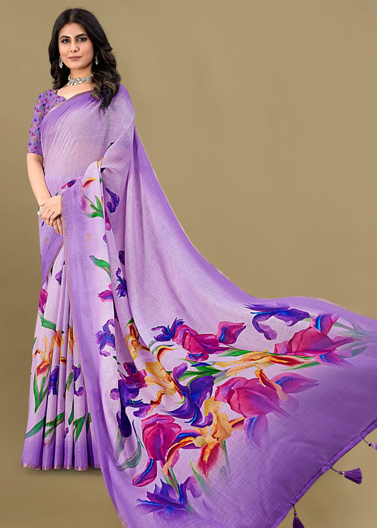 Floral-Printed Lavender Linen Silk Saree with Exquisite Zari Woven Border - Tapi Prints 51012 Lavender Pose 1