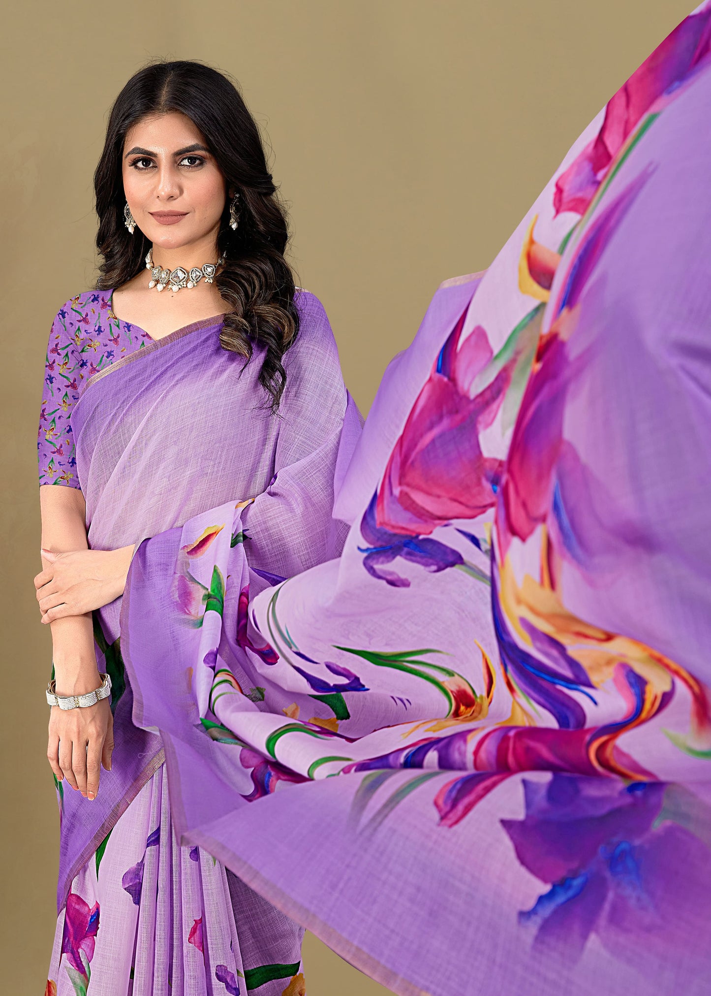 Floral-Printed Lavender Linen Silk Saree with Exquisite Zari Woven Border - Tapi Prints 51012 Lavender Pose 2