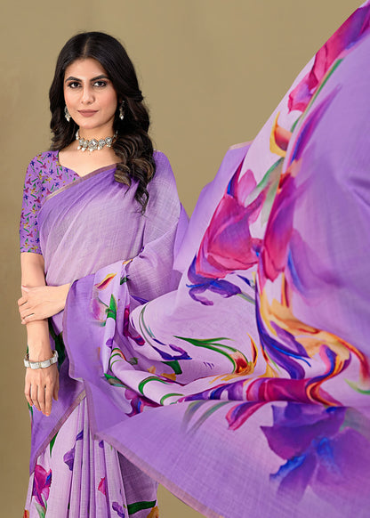 Floral-Printed Lavender Linen Silk Saree with Exquisite Zari Woven Border - Tapi Prints 51012 Lavender Pose 2