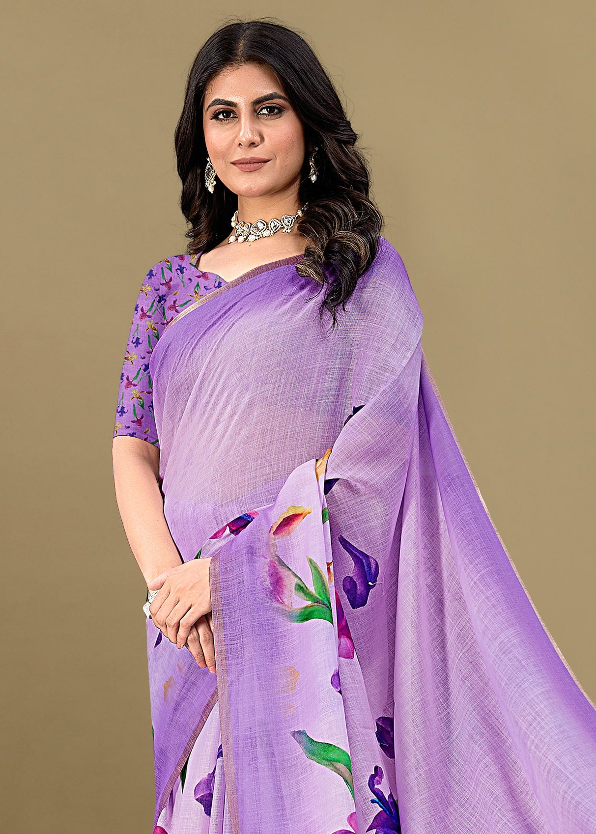 Floral-Printed Lavender Linen Silk Saree with Exquisite Zari Woven Border - Tapi Prints 51012 Lavender Pose 3