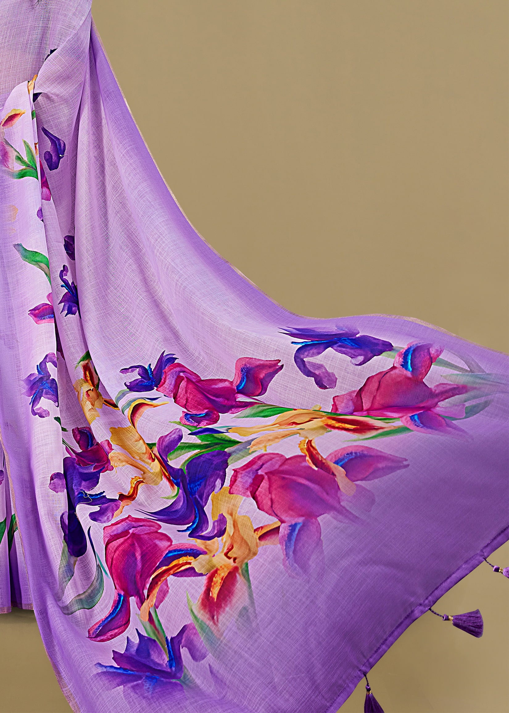 Floral-Printed Lavender Linen Silk Saree with Exquisite Zari Woven Border - Tapi Prints 51012 Lavender Pose 4