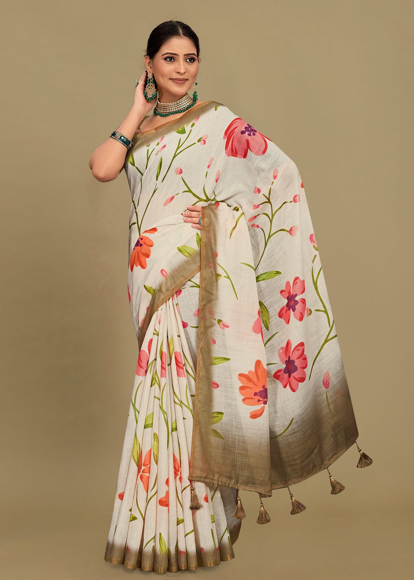 Floral Cream Linen Silk Saree with Zari Woven Border and Elegant Tassels - Tapi Prints 51016 Cream Image 1