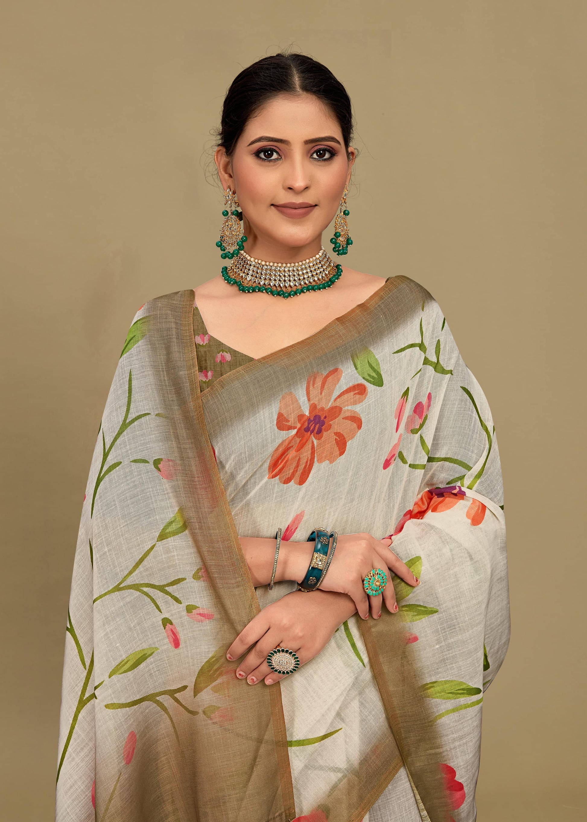 Floral Cream Linen Silk Saree with Zari Woven Border and Elegant Tassels - Tapi Prints 51016 Cream Image 2