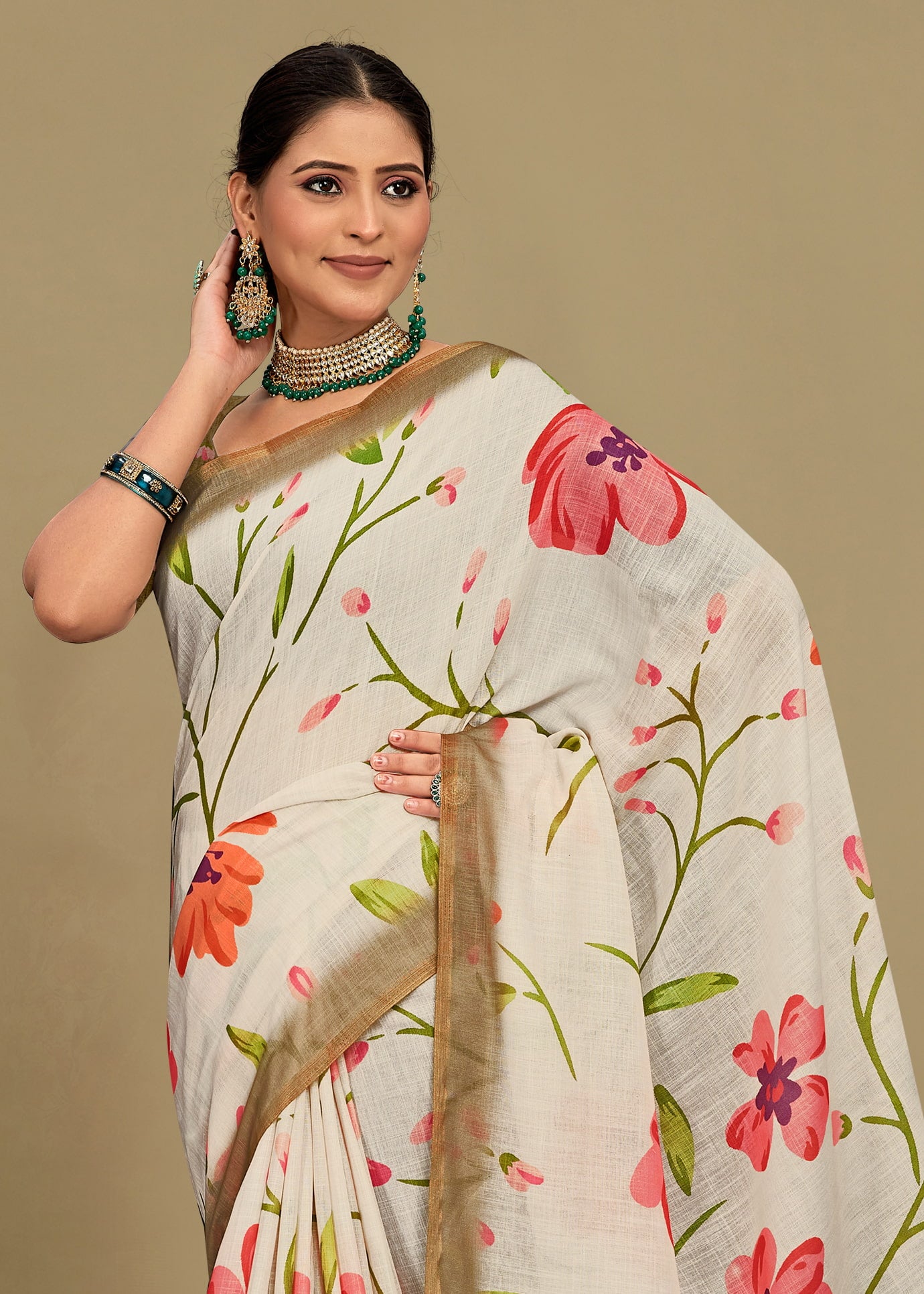 Floral Cream Linen Silk Saree with Zari Woven Border and Elegant Tassels - Tapi Prints 51016 Cream Image 3