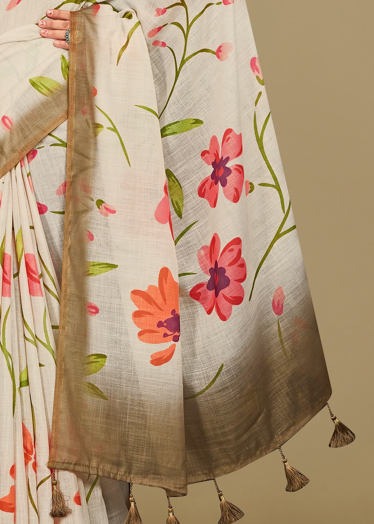 Floral Cream Linen Silk Saree with Zari Woven Border and Elegant Tassels - Tapi Prints 51016 Cream Image 4