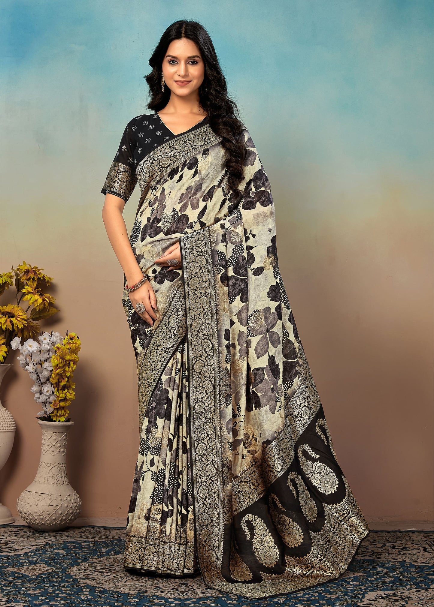 Floral Digital Printed Cream Georgette Saree with Zari Woven Borders and Graceful Butta - Inaya Silk 41052 Cream  Pose 1