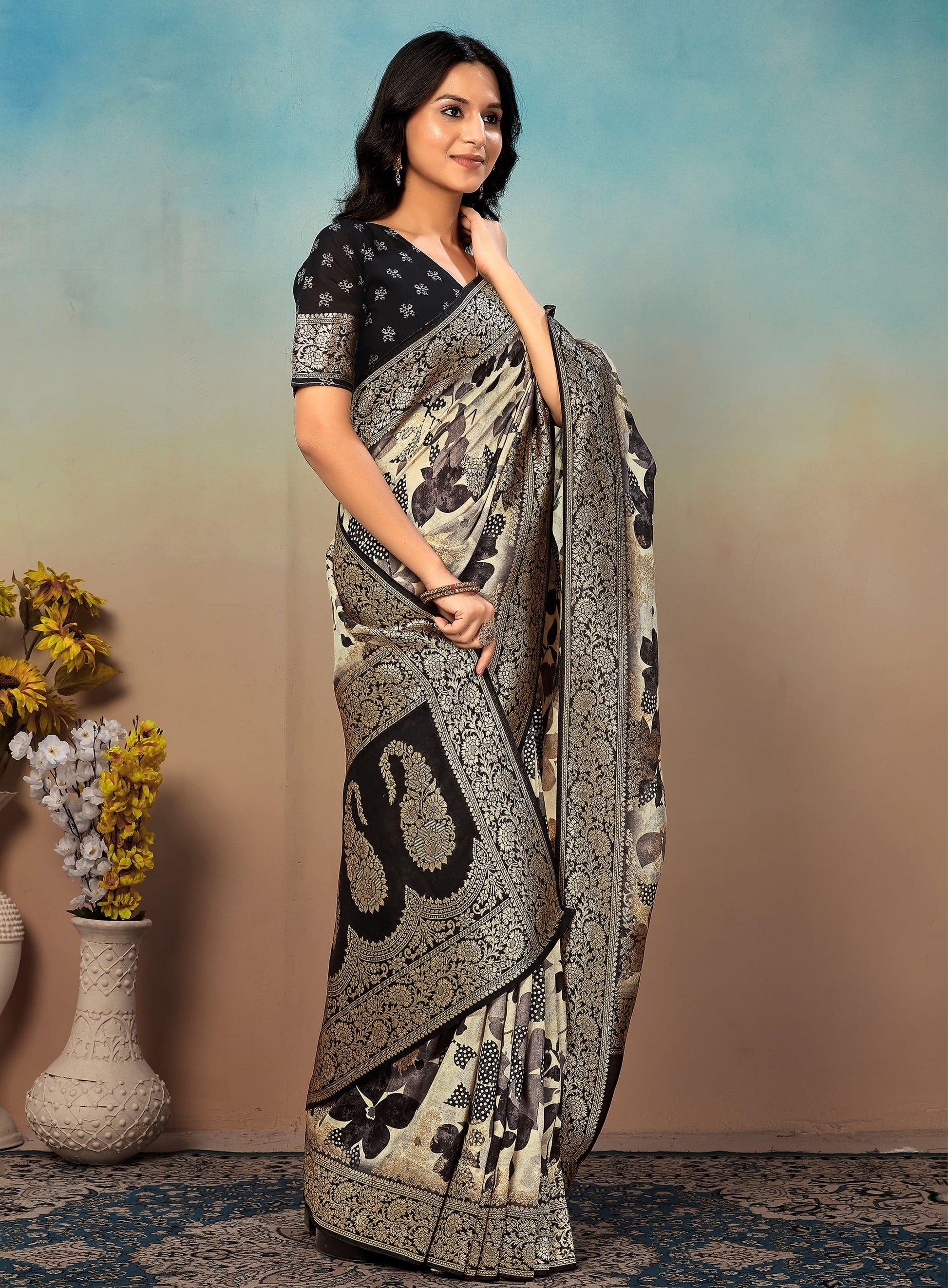 Floral Digital Printed Cream Georgette Saree with Zari Woven Borders and Graceful Butta - Inaya Silk 41052 Cream  Pose 2