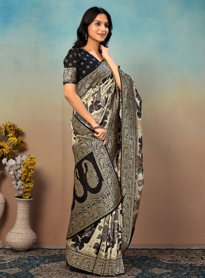 Floral Digital Printed Cream Georgette Saree with Zari Woven Borders and Graceful Butta - Inaya Silk 41052 Cream  Pose 2