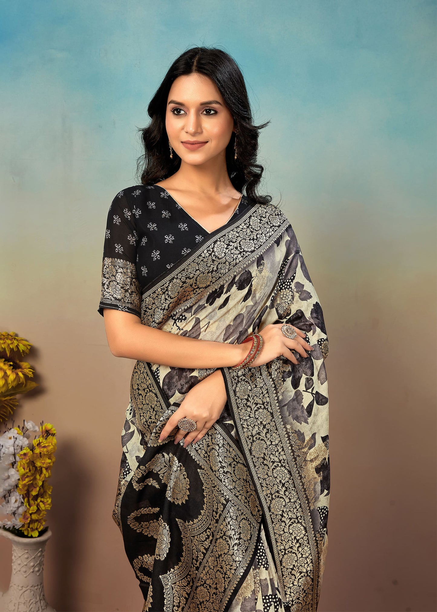 Floral Digital Printed Cream Georgette Saree with Zari Woven Borders and Graceful Butta - Inaya Silk 41052 Cream  Pose 3