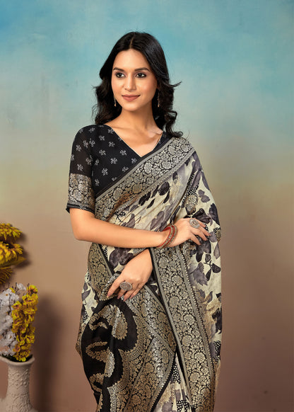 Floral Digital Printed Cream Georgette Saree with Zari Woven Borders and Graceful Butta - Inaya Silk 41052 Cream  Pose 3