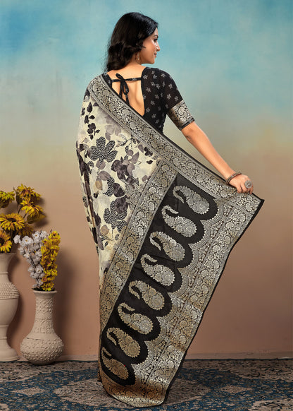 Floral Digital Printed Cream Georgette Saree with Zari Woven Borders and Graceful Butta - Inaya Silk 41052 Cream  Pose 4