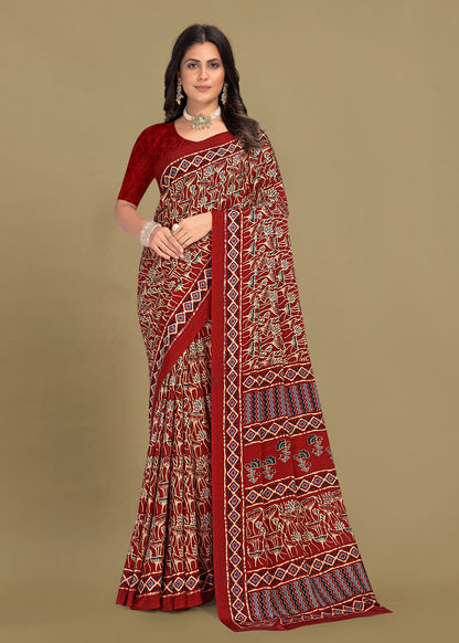 Floral Patterned Maroon Crepe Designer Saree