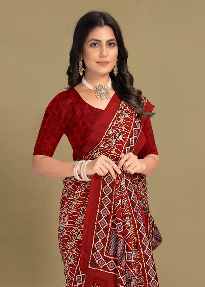 Floral Patterned Maroon Crepe Designer Saree