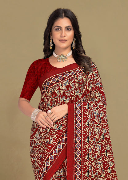 Floral Patterned Maroon Crepe Designer Saree