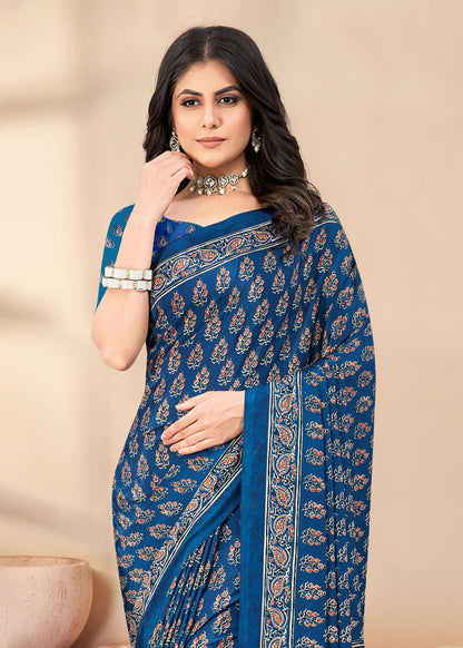 Floral Printed Designer Crepe Saree in Navy Blue - Sabarmati Silk 5432-B Navy Blue Image 2