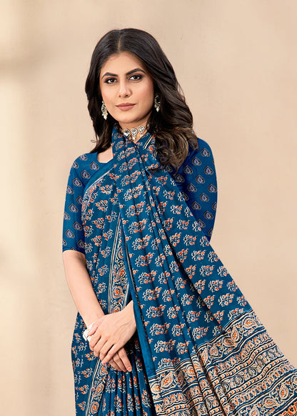 Floral Printed Designer Crepe Saree in Navy Blue - Sabarmati Silk 5432-B Navy Blue Image 3