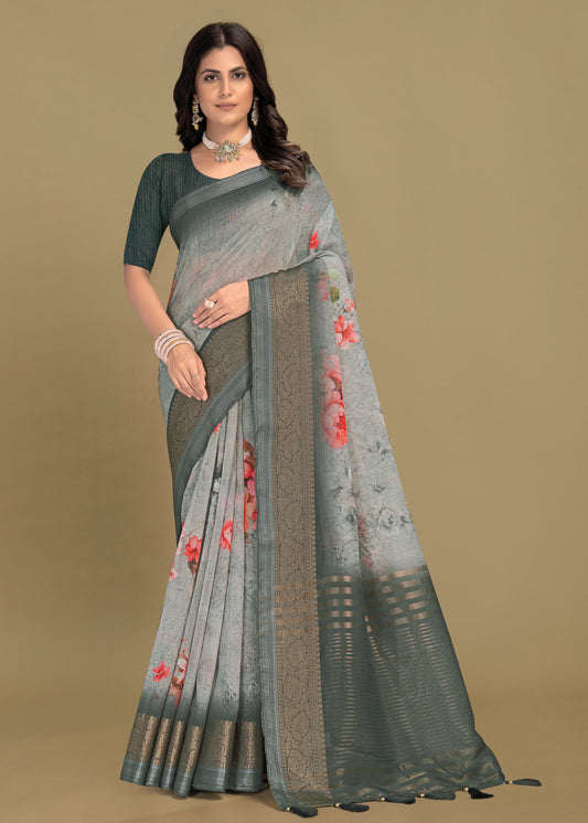 Floral Printed Light Grey Silk Georgette Saree with Chit Pallu and Zari Weaving Border - Sharara Print 3088 Light Grey 1