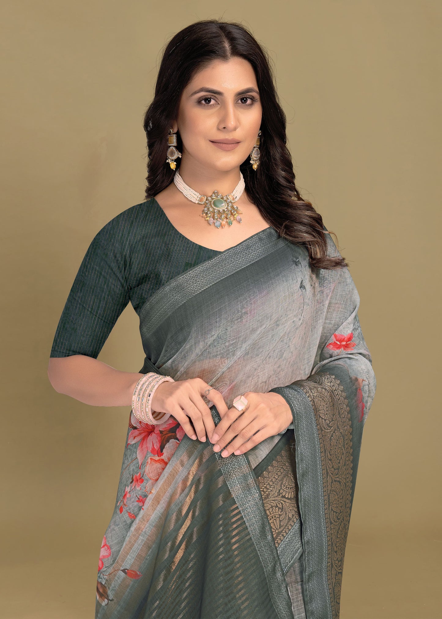 Floral Printed Light Grey Silk Georgette Saree with Chit Pallu and Zari Weaving Border - Sharara Print 3088 Light Grey 2