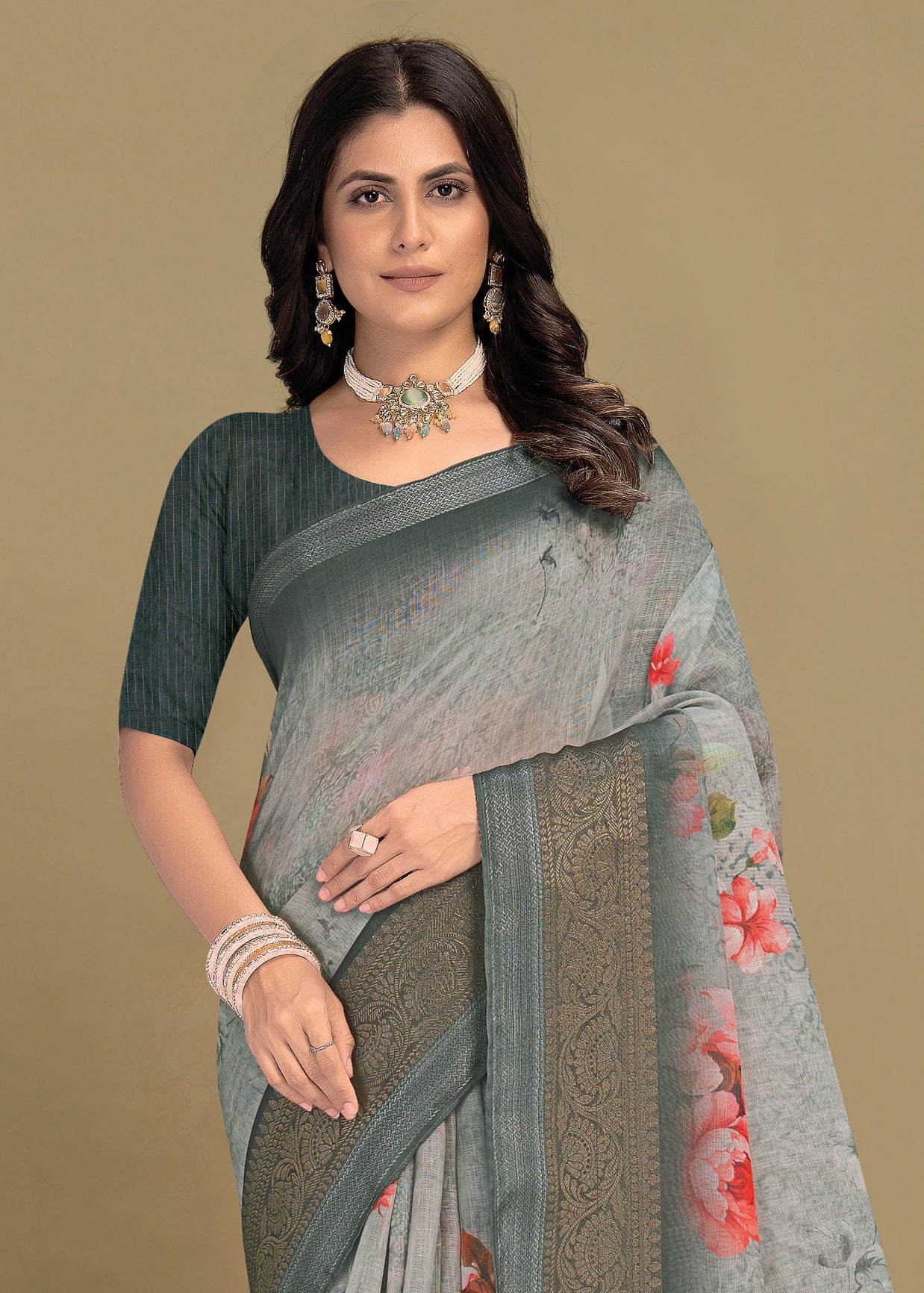 Floral Printed Light Grey Silk Georgette Saree with Chit Pallu and Zari Weaving Border - Sharara Print 3088 Light Grey 3