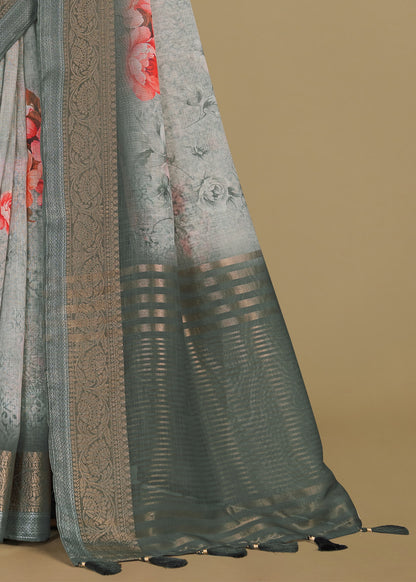 Floral Printed Light Grey Silk Georgette Saree with Chit Pallu and Zari Weaving Border - Sharara Print 3088 Light Grey 4