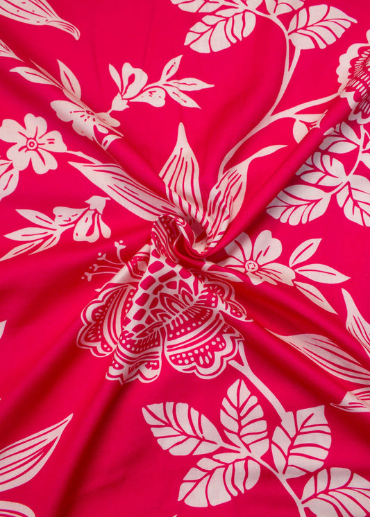 Fuchsia Pink Floral Digital Printed Pure Cotton Satin Fabric - Pure Cotton Satin D.No. 1706 Fuchsia Pink Front Image