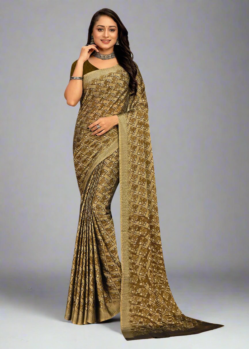 Geometric Abstract Design on Mehndi Soft Fill Fabric Saree - Tiny Prints 9107-B Mehndi Image 1