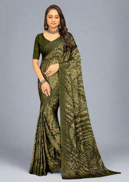 Georgette Mehndi Green Saree with Eye-Catching Geometric Abstract Prints - Tiny Prints 9117-D Mehndi Green Pose 1