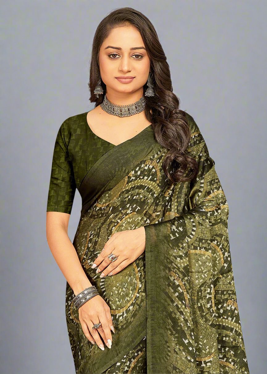 Georgette Mehndi Green Saree with Eye-Catching Geometric Abstract Prints - Tiny Prints 9117-D Mehndi Green Pose 2