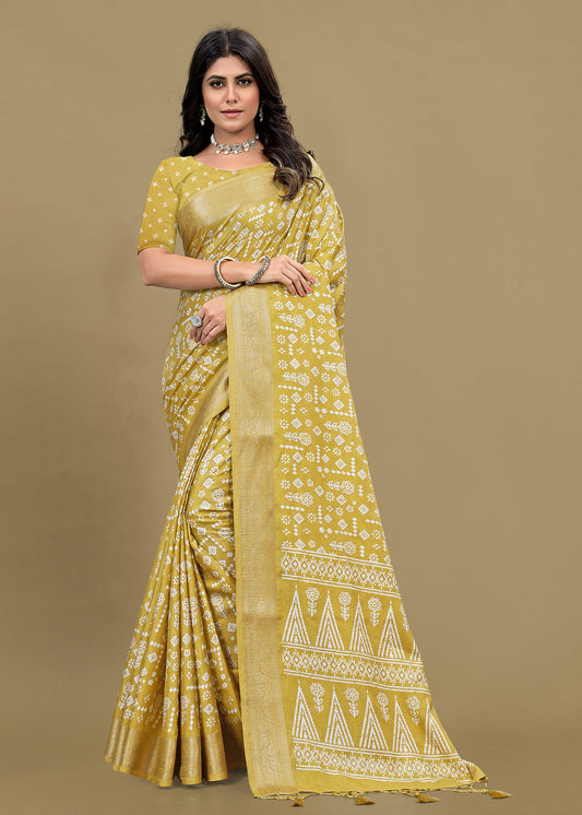 Graceful Lemon Yellow Saree with Ethnic Print, Foil Detailing, and Zari Woven Trim