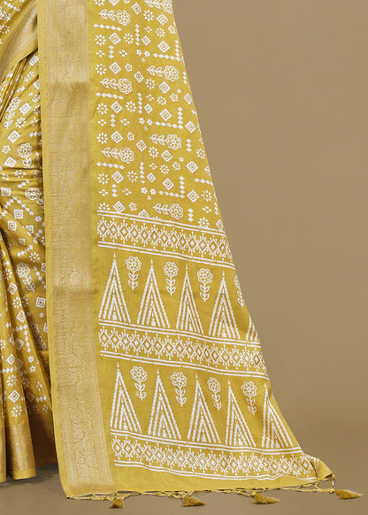 Graceful Lemon Yellow Saree with Ethnic Print, Foil Detailing, and Zari Woven Trim