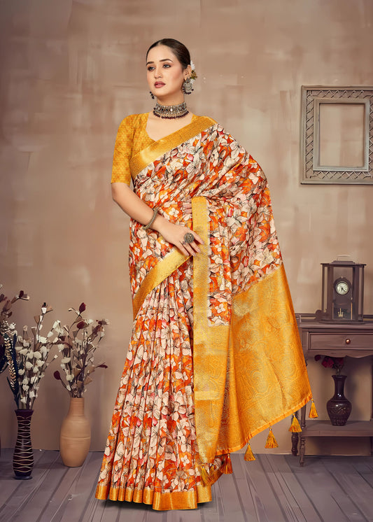 Graceful Orange-Yellow Saree with Bold Floral Prints, Luxurious Zari Borders and Butta Work - Cyclone Silk 93082 Orange Yellow Style 1