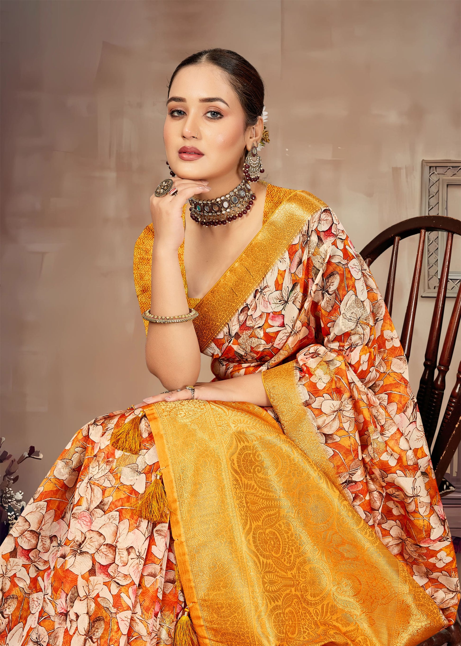 Graceful Orange-Yellow Saree with Bold Floral Prints, Luxurious Zari Borders and Butta Work - Cyclone Silk 93082 Orange Yellow Style 2