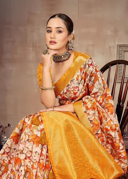 Graceful Orange-Yellow Saree with Bold Floral Prints, Luxurious Zari Borders and Butta Work - Cyclone Silk 93082 Orange Yellow Style 2